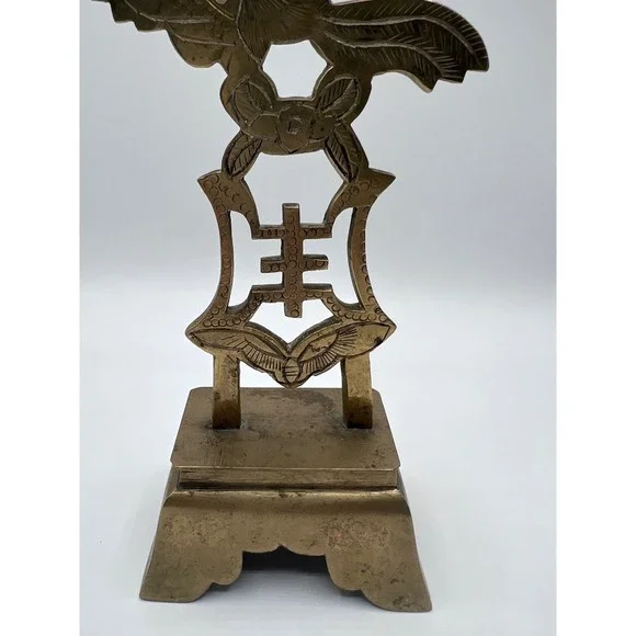 Vintage Brass Candlestick Holder Asian Inspired Bird & Floral Design Decor - Picture 4 of 12